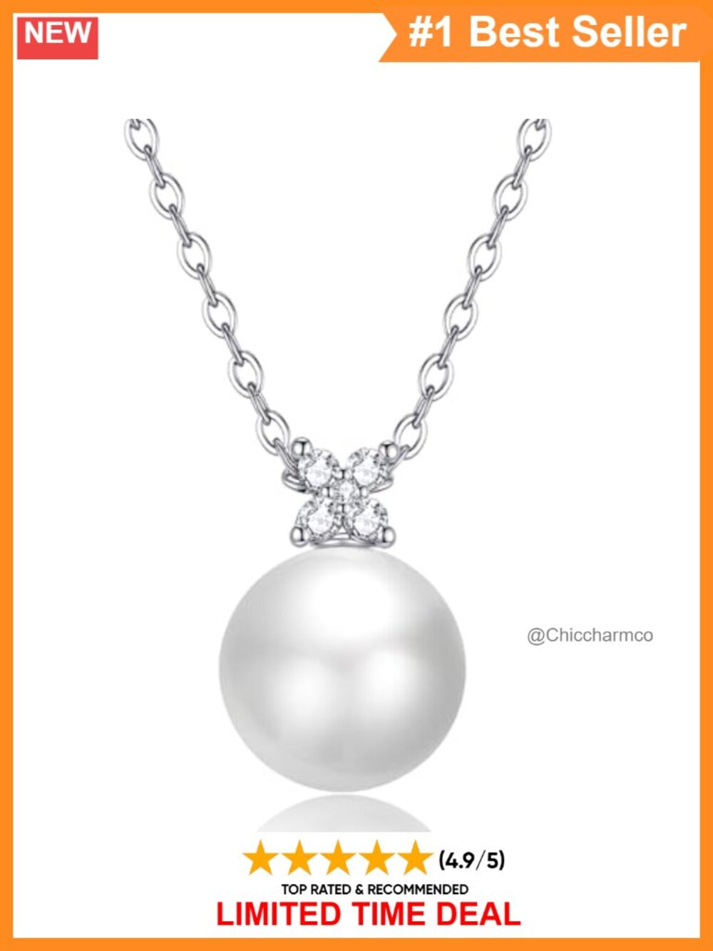 12mm Simulated Pearl Pendant Necklace 18K White Gold Plated 18+2" Adjustable